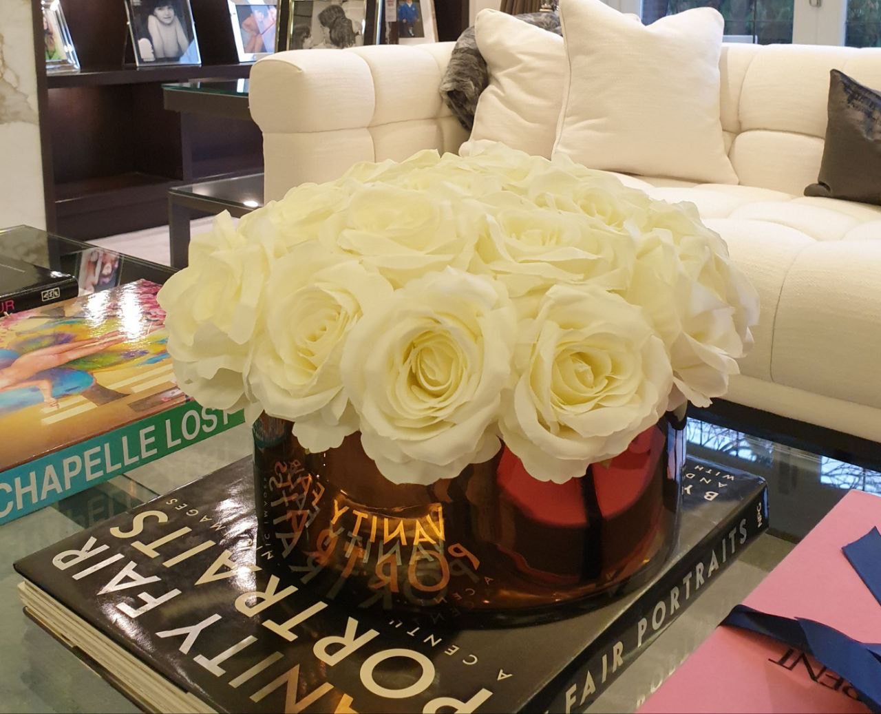 white rose box on table